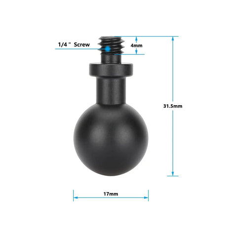 Close-up of an aluminum Dual 17mm Ball to 1/4-20 Mount for Cameras with dimensions, great for video rigs and tripod systems