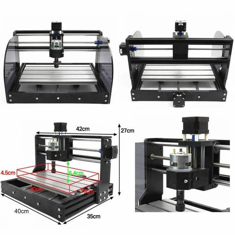 3 Axis Desktop CNC Router Kit For Wood PCB PVC Milling And Engraving With Offline Controller No Computer Needed GRBL Control USB Interface Mini DIY Engraver Machine For Beginners showing dimensions and close-up of engraver
