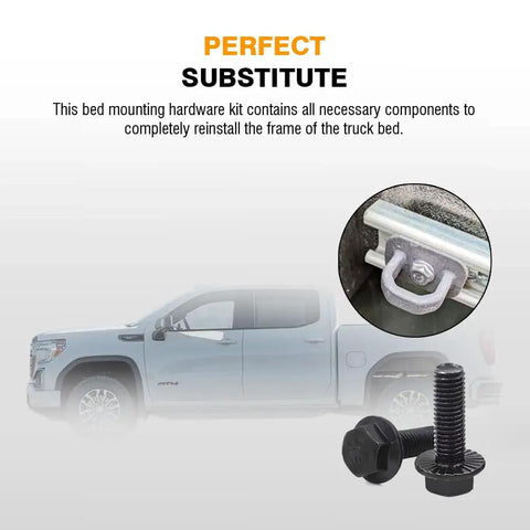 Upgrade Your Rig With These Badass Truck Bed Mounting Bolts M12 X 55MM Zinc Plated Steel For Chevy Silverado GMC Sierra Colorado Canyon Models 1999 To 2019, showing black truck bed bolts.
