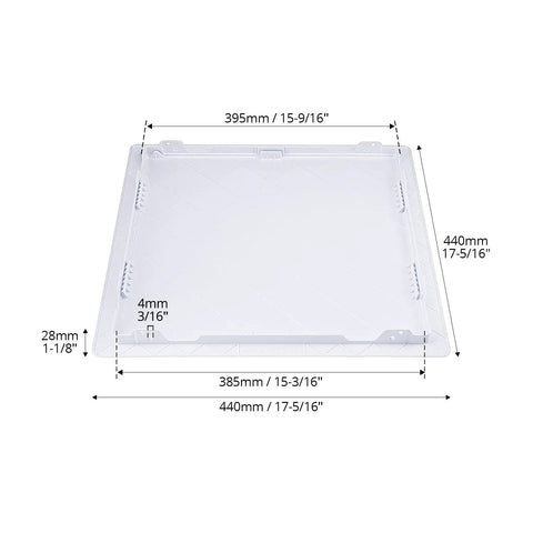 Heavy Duty 16 X 16 Inch Access Panel For Drywall With Rock Solid ABS Plastic Build And Clean White Cover angled view with dimensions shown.