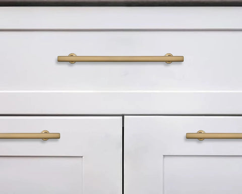 10 Pack 5 Inch Center To Center Champagne Bronze Satin Brass Cabinet Pulls on white cabinets, installed view