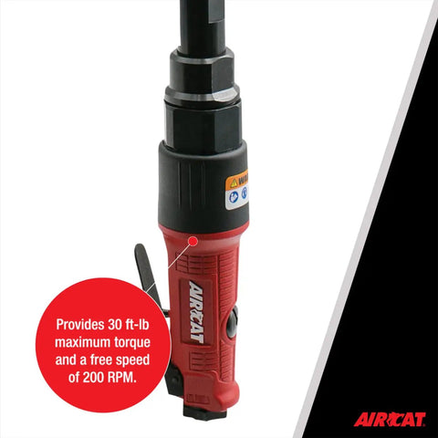 Long Reach 15.3 Inch Pneumatic Ratchet With 200 RPM Speed And 30 Ft Lbs Max Torque One Quarter Inch Drive Red Tool Handle