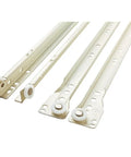 White Epoxy 16 Inch Bottom Mount Drawer Slide With Self Closing Action 3 Quarter Extension Heavy Duty Stamped Steel 50 Pound Weight Rating