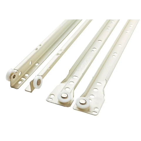 18 Inch Bottom Mount Drawer Slide Featuring Self Closing Action And White Epoxy Finish, steel frame, sturdy glides.