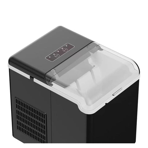 Portable Ice Maker Makes 26.5 Pounds Of Fresh Bullet Ice Daily With Zero Effort Self Cleaning Mode Compact Footprint top view showing control panel and scoop.