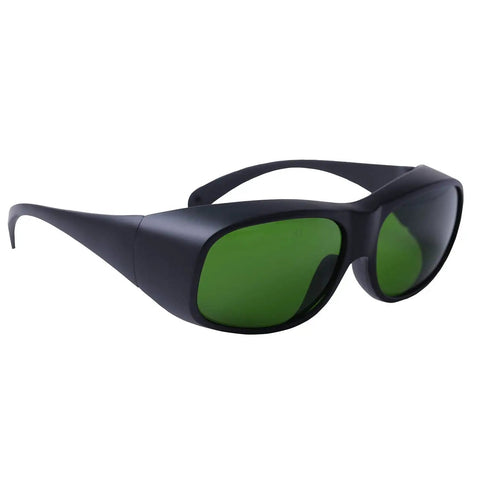Heavy Duty Ipl Safety Glasses With Broad Spectrum Protection For Hair Removal And Beauty Therapy Lock In Zero Stress Eye Coverage For 200 To 2000 Nm Uv Rays And Blue Light Filters in black with green lenses.