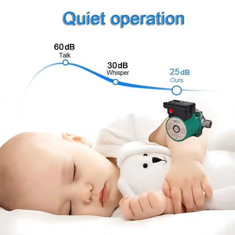 Heavy Duty 3 Speed Hot Water Circulation Pump For Households And Mansions Food Grade Stainless Steel Build showing quiet operation next to sleeping baby.