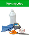 Tools needed for installing Premium Outdoor Patio Door Insulation Wrap include scissors, tape, measuring tape, cloth, and cleaner.
