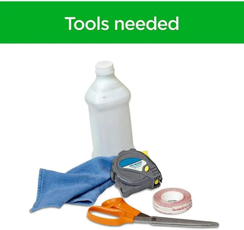 Tools needed for installing Premium Outdoor Patio Door Insulation Wrap include scissors, tape, measuring tape, cloth, and cleaner.