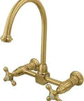 Restoration Wall Mount Bridge Kitchen Faucet In Polished Brass Solid Brass Build Drip-Free Ceramic Disc Cartridge 8-Inch Centers