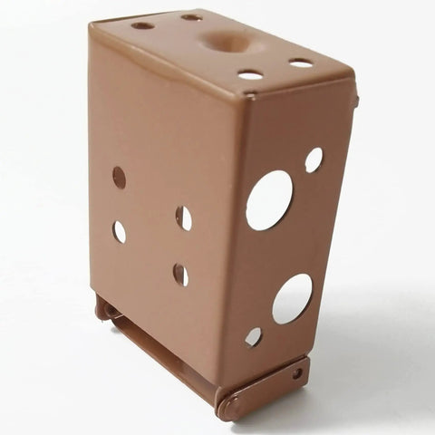 Brown metal blind bracket for window blinds with multiple holes, showing left side view for mounting flexibility.