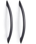 Two matte black arch drawer pulls from 30 Pack Matte Black Cabinet Handles 5 Inch 128mm Screw Spacing, showing sleek modern design.