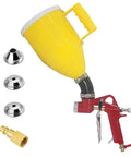Heavy Duty Aluminum Air Hopper Spray Gun With Quick Swap Nozzles For Slick Drywall Coatings And Super Easy Pro Grade Wall Painting Jobs In A Solid Yellow Build With 3L Reservoir, showing yellow hopper and nozzle tips.