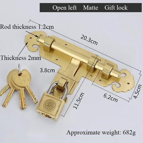 Solid Brass Slide Bolt Door Lock And Gate Latch For Cabinets And Windows Real Heavy Duty Hardware shown with keys and dimensions.