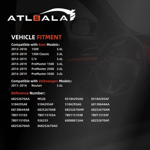 Vehicle fitment chart for Oil Pump With 926-235 Solenoid Valve Drop In Replacement highlighting compatible Ram and Volkswagen models.
