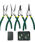7 Inch Snap Ring Pliers Set For Internal And External Circlips With Straight And Bent Jaws 4 Piece Pro Grade Heavy Duty C Clamp Pliers And C Clip Removal Tool With Durable Storage Pouch, showcasing pliers and pouch.