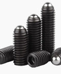 Rig Up Ten M6 Ball Plunger Screws With Hex Socket Drive Crafted From Beast Mode Carbon Steel And Corrosion Resistant Stainless Steel shown from various angles.