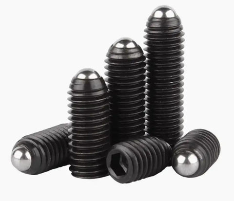 Rig Up Ten M6 Ball Plunger Screws With Hex Socket Drive Crafted From Beast Mode Carbon Steel And Corrosion Resistant Stainless Steel shown from various angles.