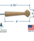 3 Inch Oak Hardwood Shaker Pegs With Screw On Hanger Bolt showing dimensions, made in USA, Balsam Point Workshop branded