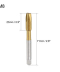 Spiral Point Plug Threading Tap M8 x 1.25 for Thread Repair, H2 Ground Threads, 3 Flutes, Titanium Coated HSS 6542, 23mm Chamfer
