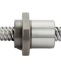 Close-up of Beefy Heavy Duty Ball Screw With Nut For CNC Machines Large Pitch SFE1616 End Machined Bearing Nut Assembly.