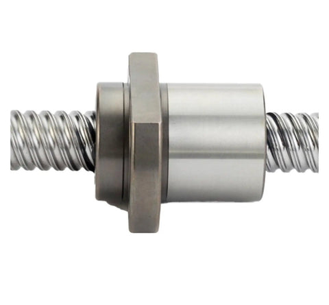 Close-up of Beefy Heavy Duty Ball Screw With Nut For CNC Machines Large Pitch SFE1616 End Machined Bearing Nut Assembly.