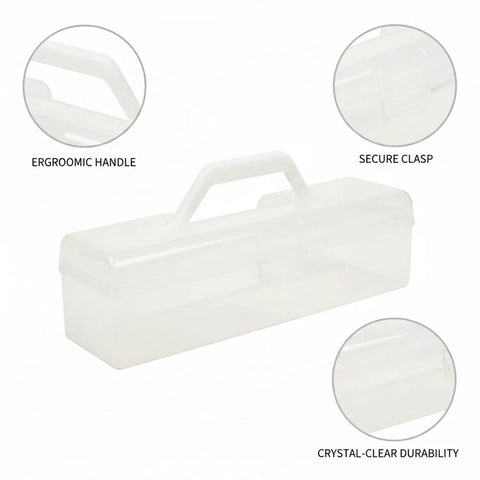 Grab And Go Clear Plastic Storage Box With Handle, Portable File Organizer For Office Supplies, see-through with ergonomic handle.