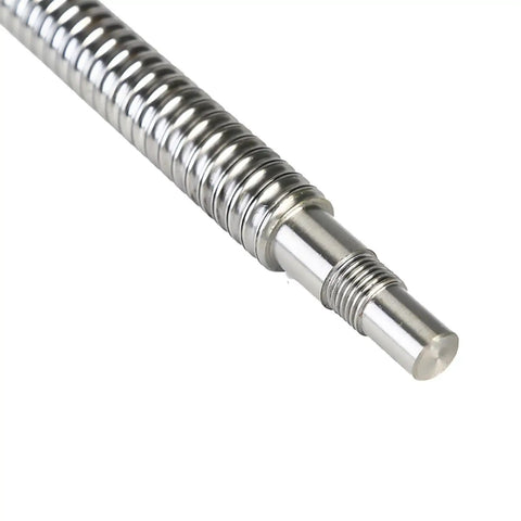 Close-up of SFU1610 Ball Screw 16mm Diameter 5mm Pitch Rolled Thread With Ball Nut And Motion Rail 500mm Length Built To Last End Machined C7 Grade
