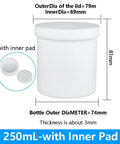 Top Shelf PTFE Centrifuge Tube With Tight Screw Cap And Secure Seal Pad For Legit Acid Alkali Resistant Lab Testing Solvent Proof Samples In 250 Milliliter Capacity, white cylindrical container with lid dimensions shown.