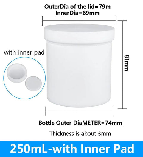 Top Shelf PTFE Centrifuge Tube With Tight Screw Cap And Secure Seal Pad For Legit Acid Alkali Resistant Lab Testing Solvent Proof Samples In 250 Milliliter Capacity, white cylindrical container with lid dimensions shown.