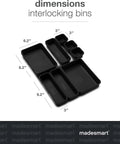8 Piece Interlocking Bin Pack Junk Drawer Friendly Customizable Drawer Organizer Set shown in dimensions and layout.