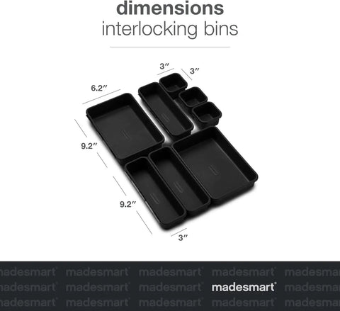 8 Piece Interlocking Bin Pack Junk Drawer Friendly Customizable Drawer Organizer Set shown in dimensions and layout.