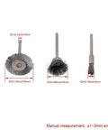 Three heavy-grade stainless steel wire brushes, sizes varying, showcasing 45 Piece Heavy Grade Stainless Steel Wire Brush Set For Drill And Rotary Tools With Badass Rust Removal Grinding Sanding Polishing Accessories Plus Standard One Eighth Inch Collet Fit For Knuckle Busting Jobs And Glossy Results.