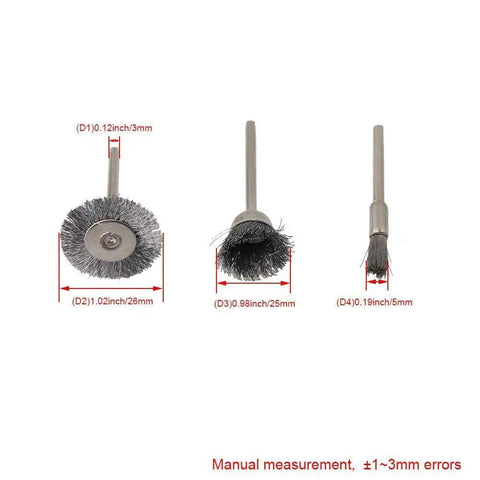 Three heavy-grade stainless steel wire brushes, sizes varying, showcasing 45 Piece Heavy Grade Stainless Steel Wire Brush Set For Drill And Rotary Tools With Badass Rust Removal Grinding Sanding Polishing Accessories Plus Standard One Eighth Inch Collet Fit For Knuckle Busting Jobs And Glossy Results.