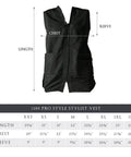 Built Tough Salon Vest With Smooth Zip Front Showing Off Cool Iridescent Drip Designed To Help Pro Hairstylists And Barbers Crush Their Shifts Tailors Snugly For All Day Ease In Classy Black Medium Fit with size chart.