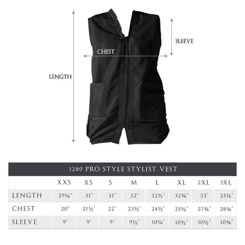 Built Tough Salon Vest With Smooth Zip Front Showing Off Cool Iridescent Drip Designed To Help Pro Hairstylists And Barbers Crush Their Shifts Tailors Snugly For All Day Ease In Classy Black Medium Fit with size chart.