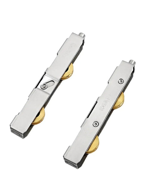 Heavy Duty Stainless Steel Sliding Door Pulley Featuring Dual Copper Wheel Bearing Rollers on a white background.