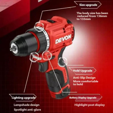 Kickass 12V Brushless Cordless Drill Driver With 3Ah Rechargeable Battery And Variable Speed Control showing upgraded design features.