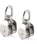 Professional Grade Stainless Steel Double Sheave Wire Rope Pulley Block With 75Kg Load Capacity Marine Rigging Tackle Gear Built For Serious Backyard Projects And Boat Maintenance Tasks Pack Of Two, showing two stainless steel pulleys.