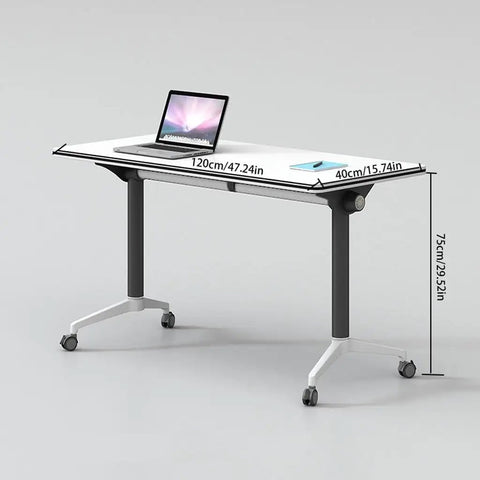 Compact Folding Computer Desk With Handy Built In Drawers And Smooth Riding Casters For Home Offices Training Rooms Or Large Conference Areas Stress Free Setup, dimensions visible.