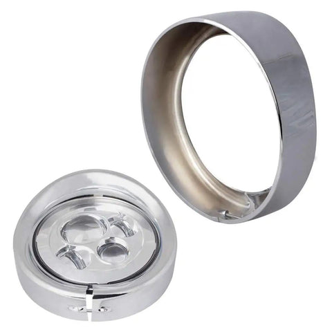 7 Inch Headlight Visor Trim Ring Chrome Finish For Harley Touring Electra Glide Road King Heritage Softail Sportster Headlamp Frenched Ring Decor Accessory, close-up view showing front and side angle.