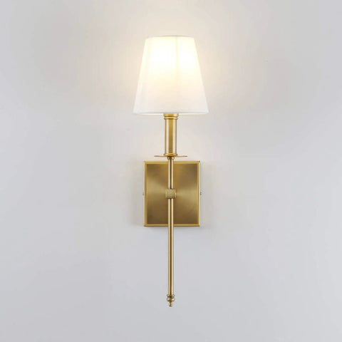 Rustic Industrial Wall Sconce With Flared White Textile Shade And Antique Brass Tapered Column Stand Hardwired E26 Base Dimmable
