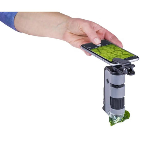 LED UV Pocket Microscope With 100x To 250x Zoom And Smartphone Clip Digiscoping A STEM Ed Tool For Students And Makers Delivers Sharp Images And Easy On The Go Documentation, handheld with phone