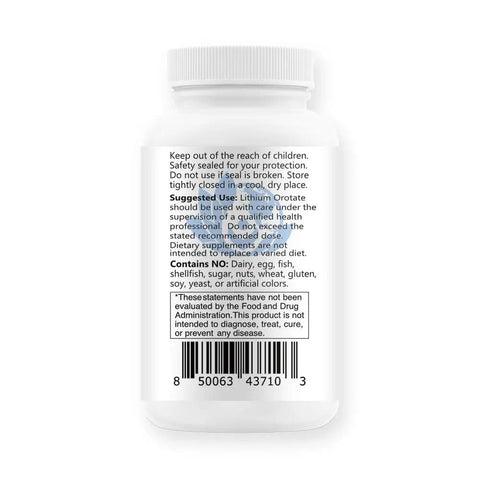 Back view of Bioavailable Lithium Orotate 20 Mg For Mood Boost And Emotional Wellness, Boosts Memory And Cognitive Function, 100 Caps bottle.