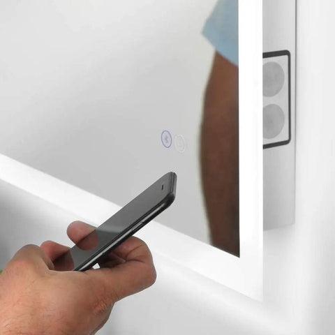 LED Bathroom Mirror With Bluetooth Speakers Frameless Wall Mounted Vanity Mirror Built In Dope Audio with phone and touch controls