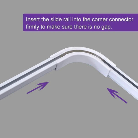 Corner connector installation for Heavy Duty Aluminum Ceiling Track System For Curtains With Hooks And Corner Connectors Set Of 2 9 To 12 Ft Track Set Top Brackets White Ideal For Room Dividers In Commercial Settings Such As Schools Clinics Hospitals Resorts With Smooth Quiet Operation.