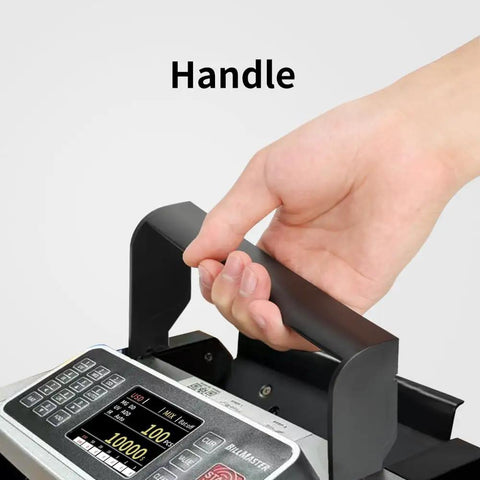 Hand holding the handle of BM6520 Money Counter Machine With UV MG IR DD Counterfeit Detector And Batch Add, 1300 Bills Per Minute
