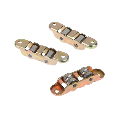 Heavy Duty Metal Sliding Door And Window Pulley With Twin Roller Design For Flat Groove Tracks, three metal pulleys on a white background.