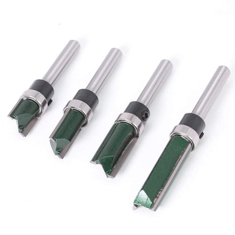 Four Piece Straight Router Bit With Bearing For Flush Trim And Grooving, One Quarter Inch Shank, shown with carbide YG6 tip
