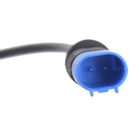 Brake pad wear sensor connector, blue plastic housing with black wire, close-up view